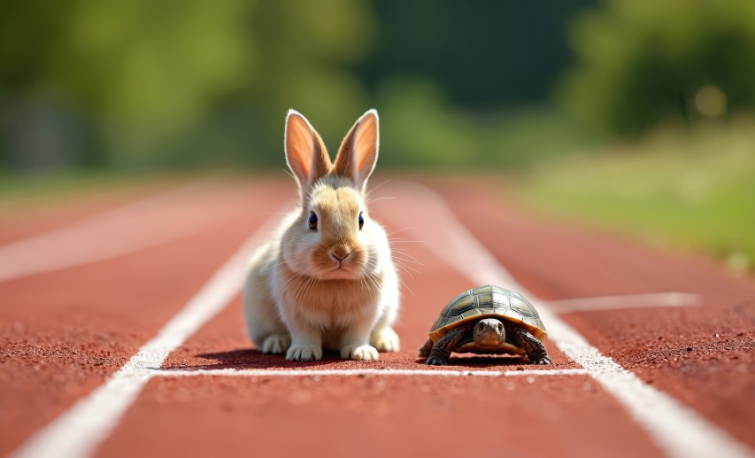 Speed versus Schutzschild? Die EU muss aufpassen, im Wettbrennen um die Technologien und Märkte von morgen nicht als Schildkröte ins Rennen gegen den Hasen zu gehen. Auch im Industrie-Wettbewerb mit China gilt: Die richtige Antwort erfordert den richtigen Instrumentenmix und eine tragfähige Strategie. &copy; Vadim/stock.adobe.com – generiert mit KI
